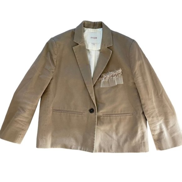 Maje Women's Eucacia Tan/Khaki Cropped Cotton Button Front Blazer Jacket Size 38 - Picture 2 of 10